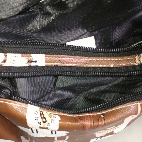 New Llama Design Novelty Brown COATED CANVAS Fanny Bag Crossbody 2 ZIP SECTIONS - Picture 6 of 8